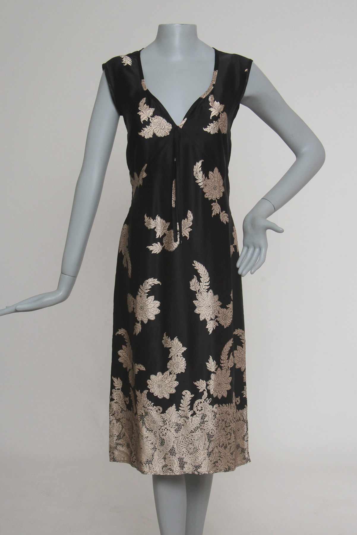 Vestido Seda Estampado Preto Bicolor