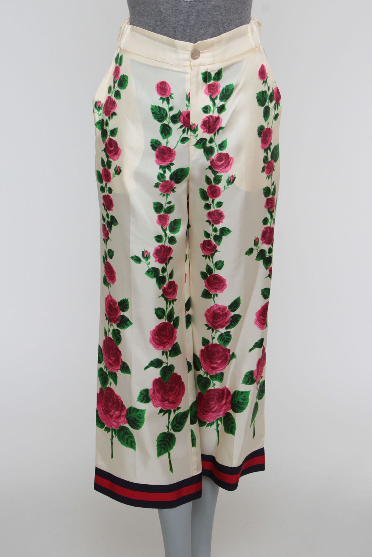 Calça Gucci 100% Seda Pantacourt Floral Creme