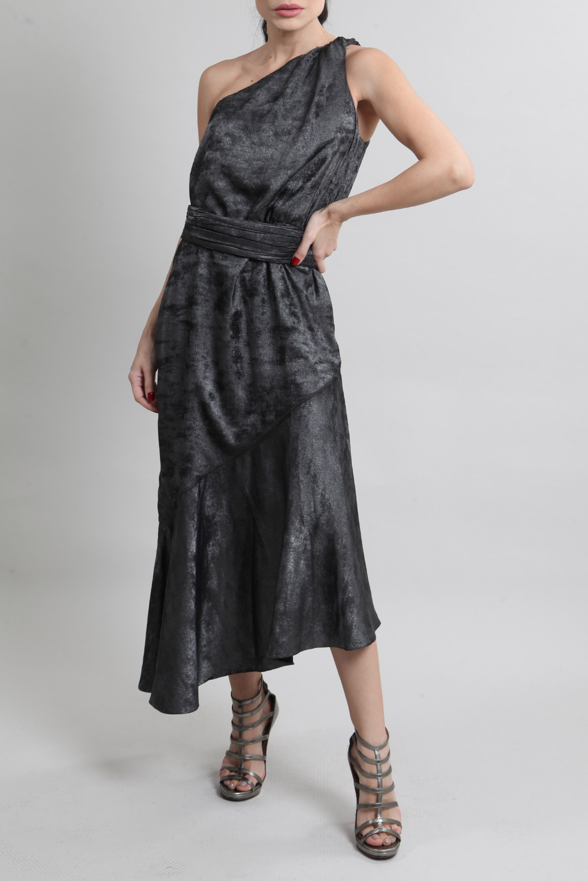 Vestido Mixed Um Ombro Só Metalizado Cinza