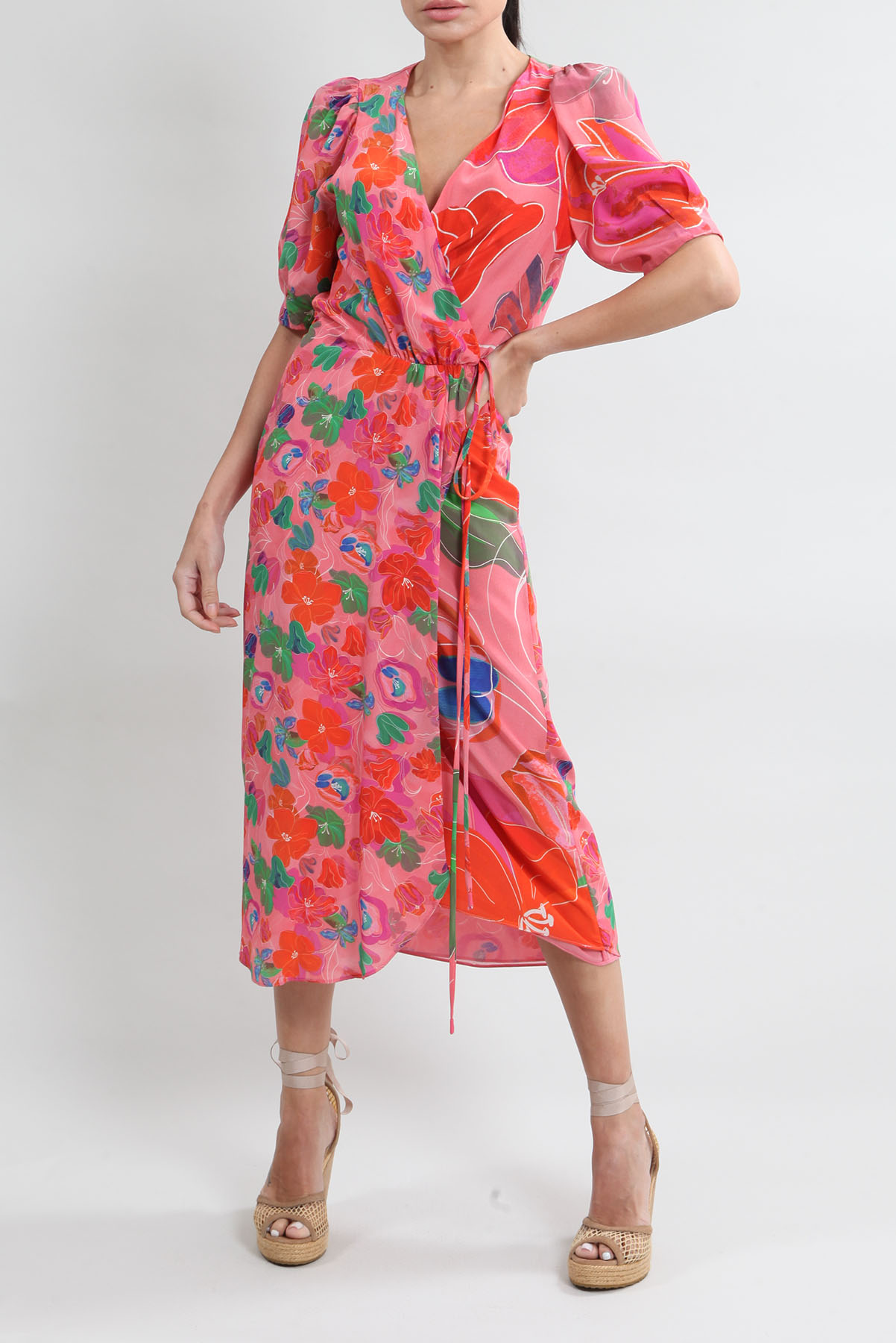 Vestido Cris Barros Seda Envelope Floral Rosa