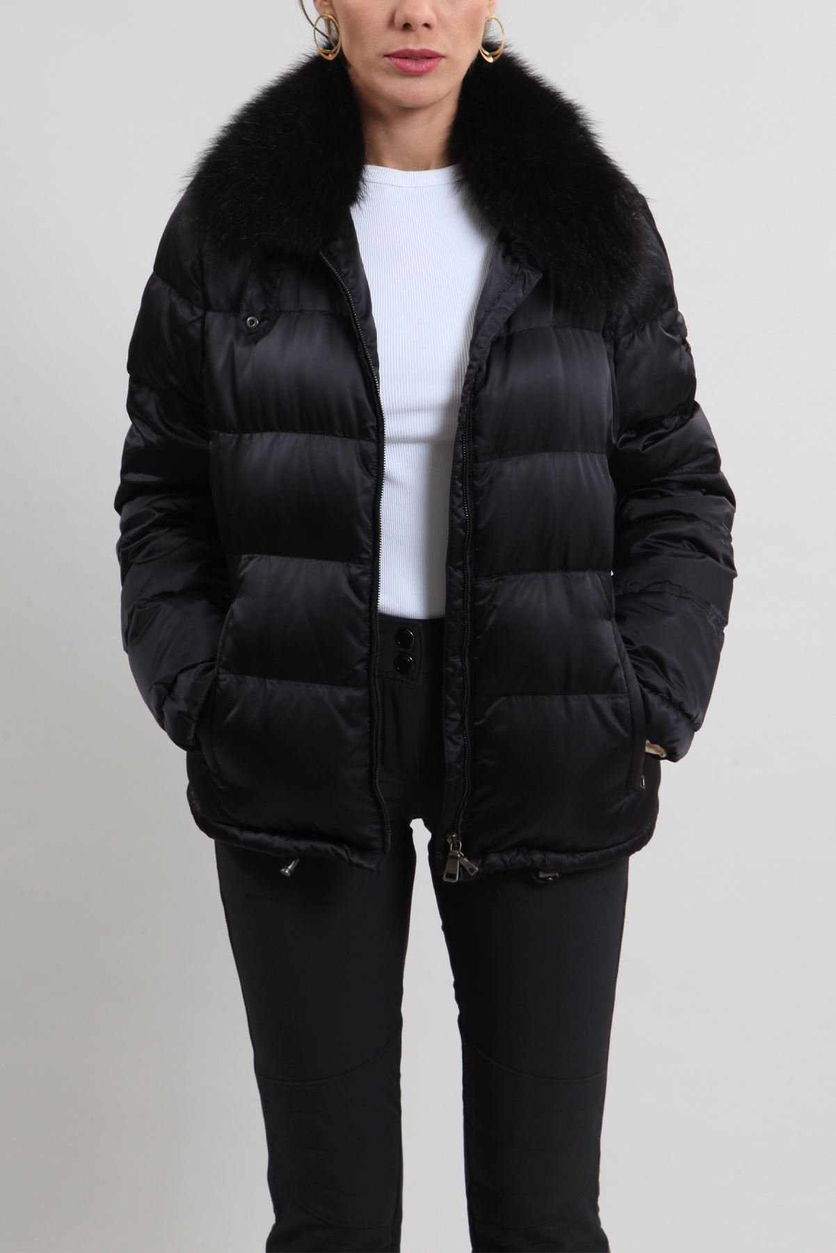 Casaco Prada Puffer Nylon e Pele Preto
