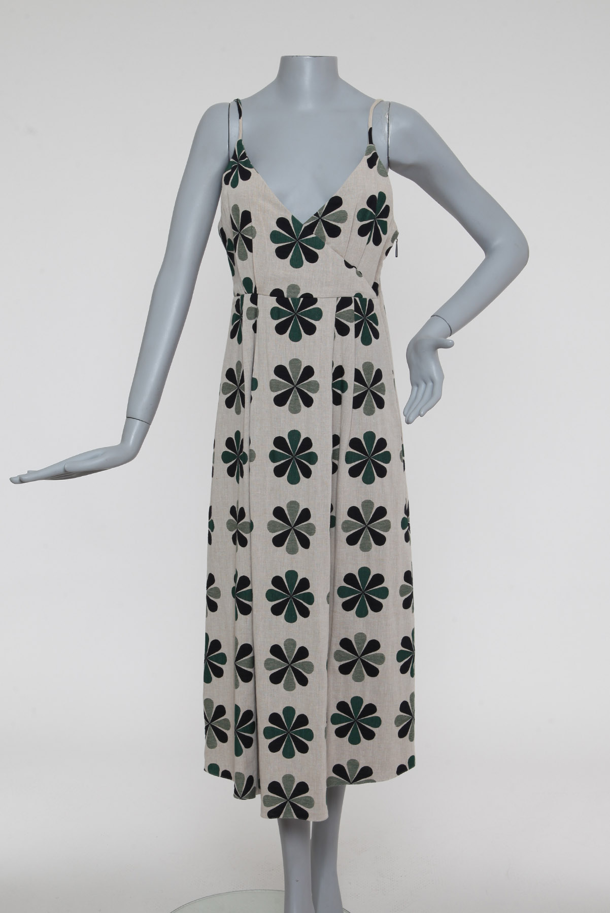 Vestido A. Niemeyer Alça Fina Linhão Estampado Bege