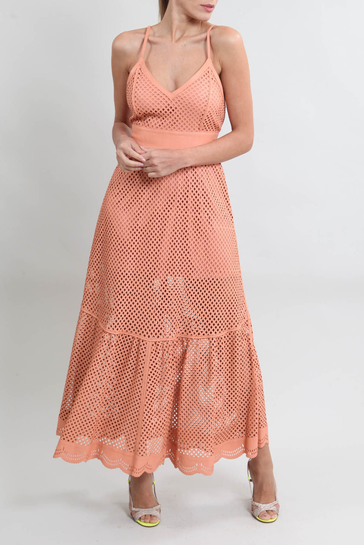 Vestido Lica Melzer Longo em Couro com recortes Terracota