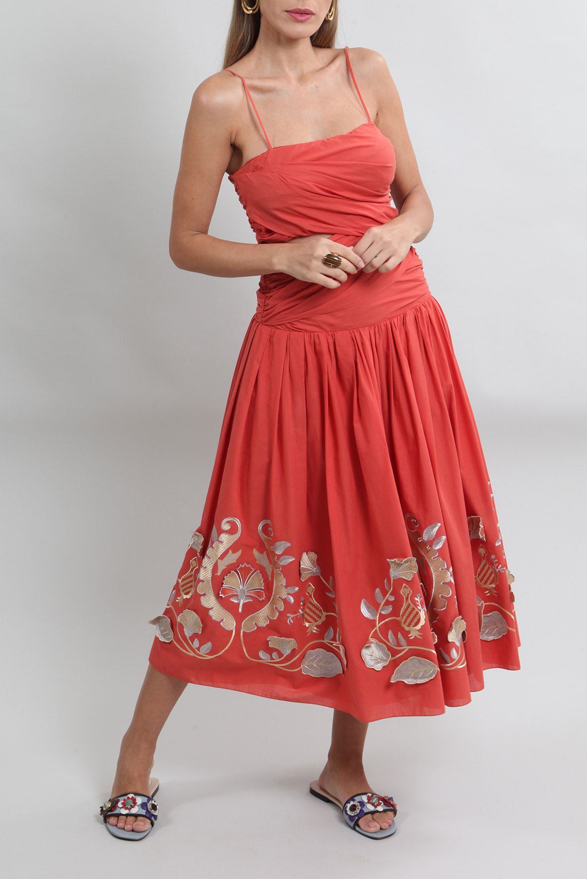 Vestido Cris Barros Algodão com Bordados Laranja