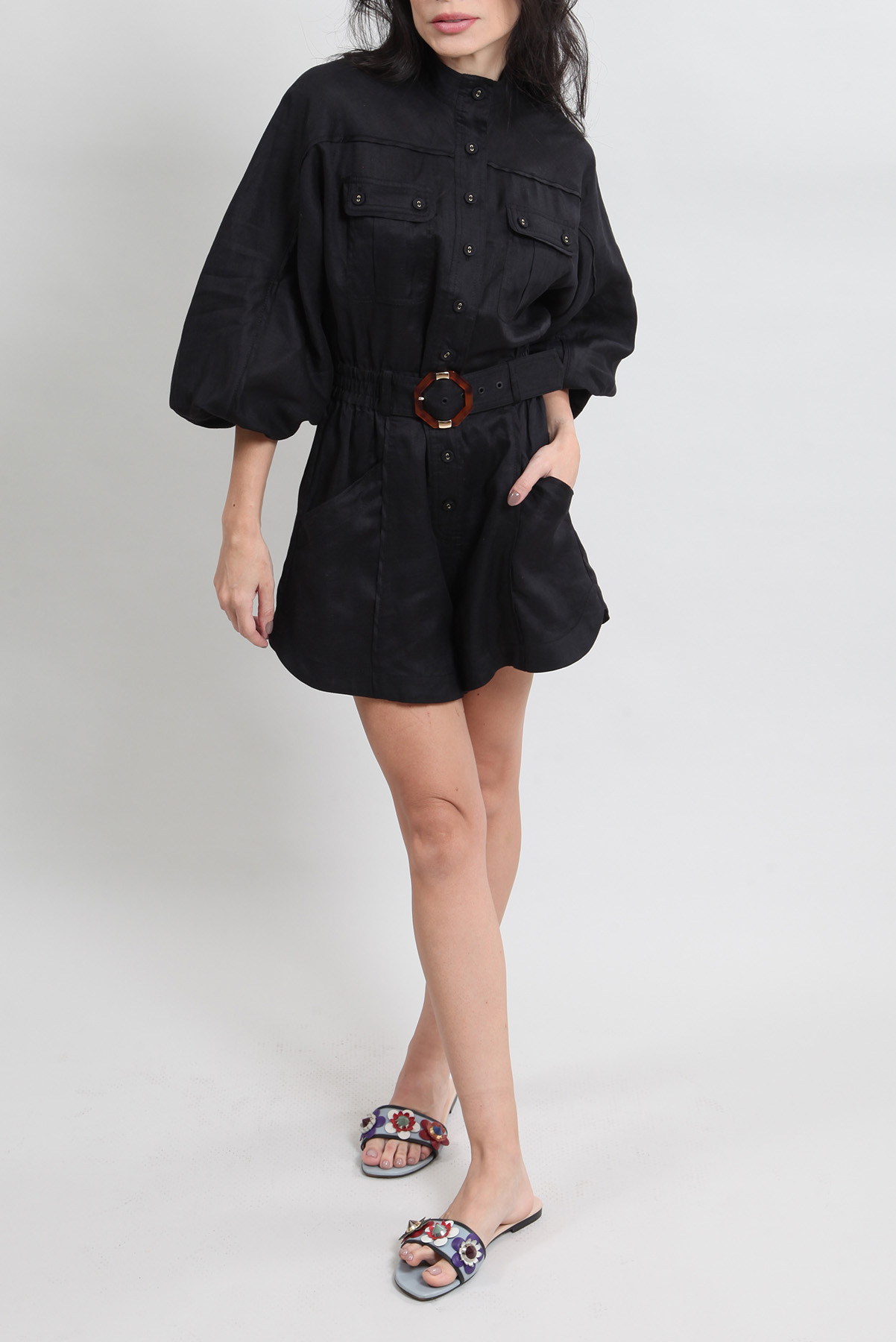 Macacão Zimmermann Linho com Cinto Fivela Tartaruga Preto