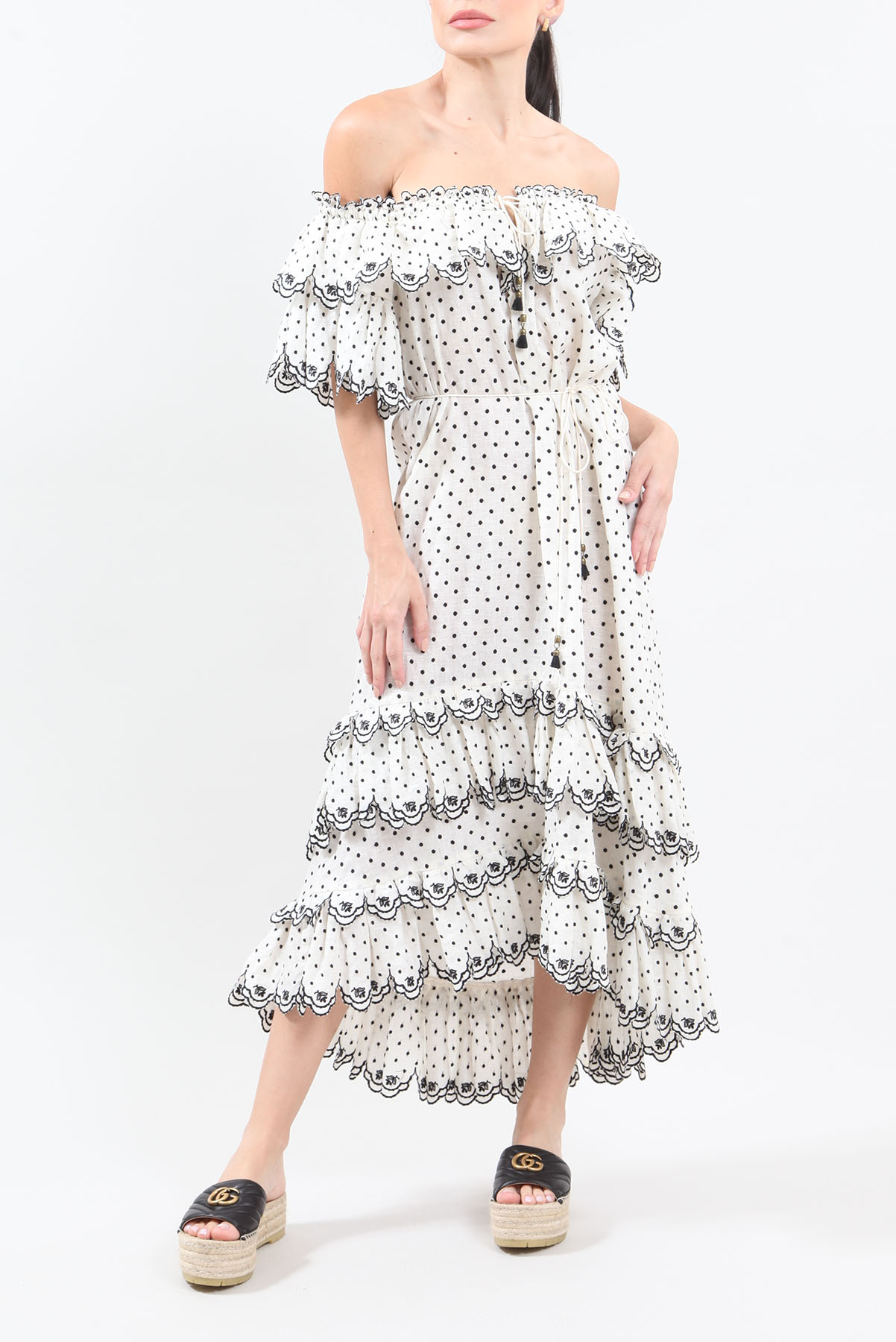 Vestido Zimmermann Linho com Bordado Bicolor Off-White