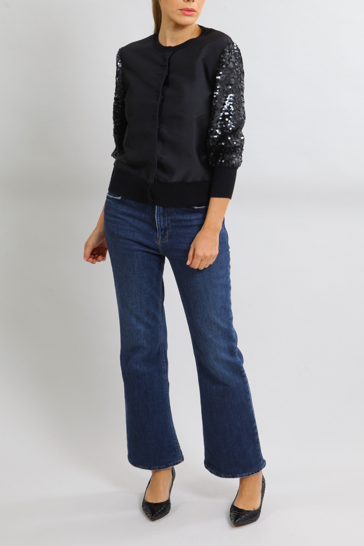 Jaqueta Alberta Ferretti Bomber Manga Paetês Preto