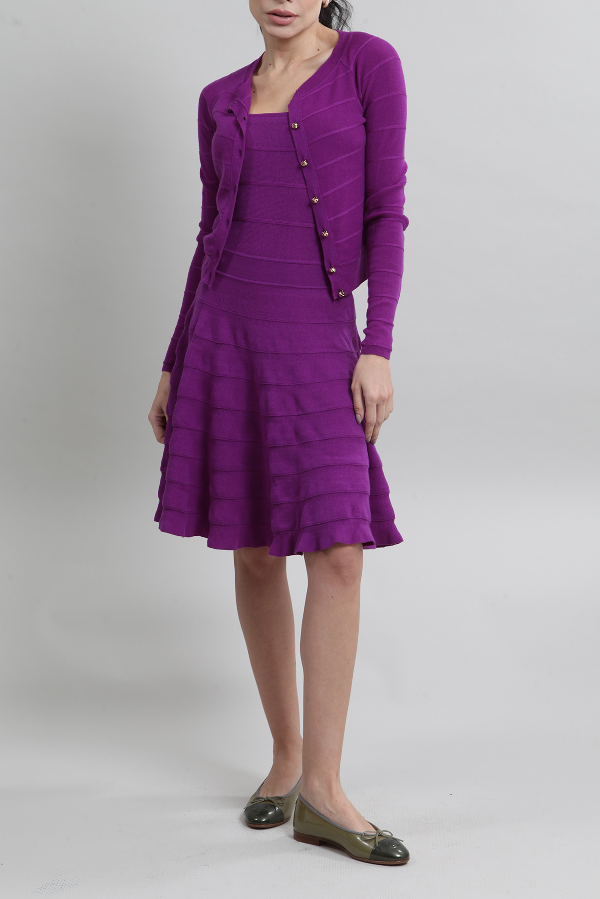 Conjunto Christian Dior Vestido e Cardigan Tricô de Seda Roxo