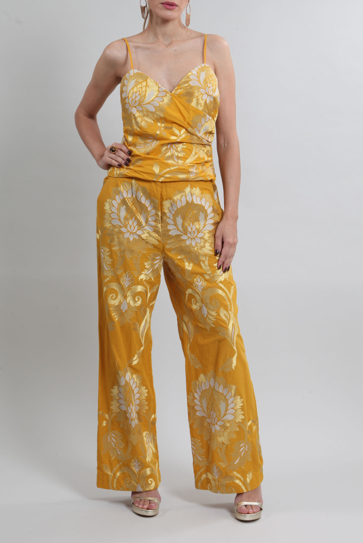 Conjunto Cris Barros Calça e Top Bordado Amarelo