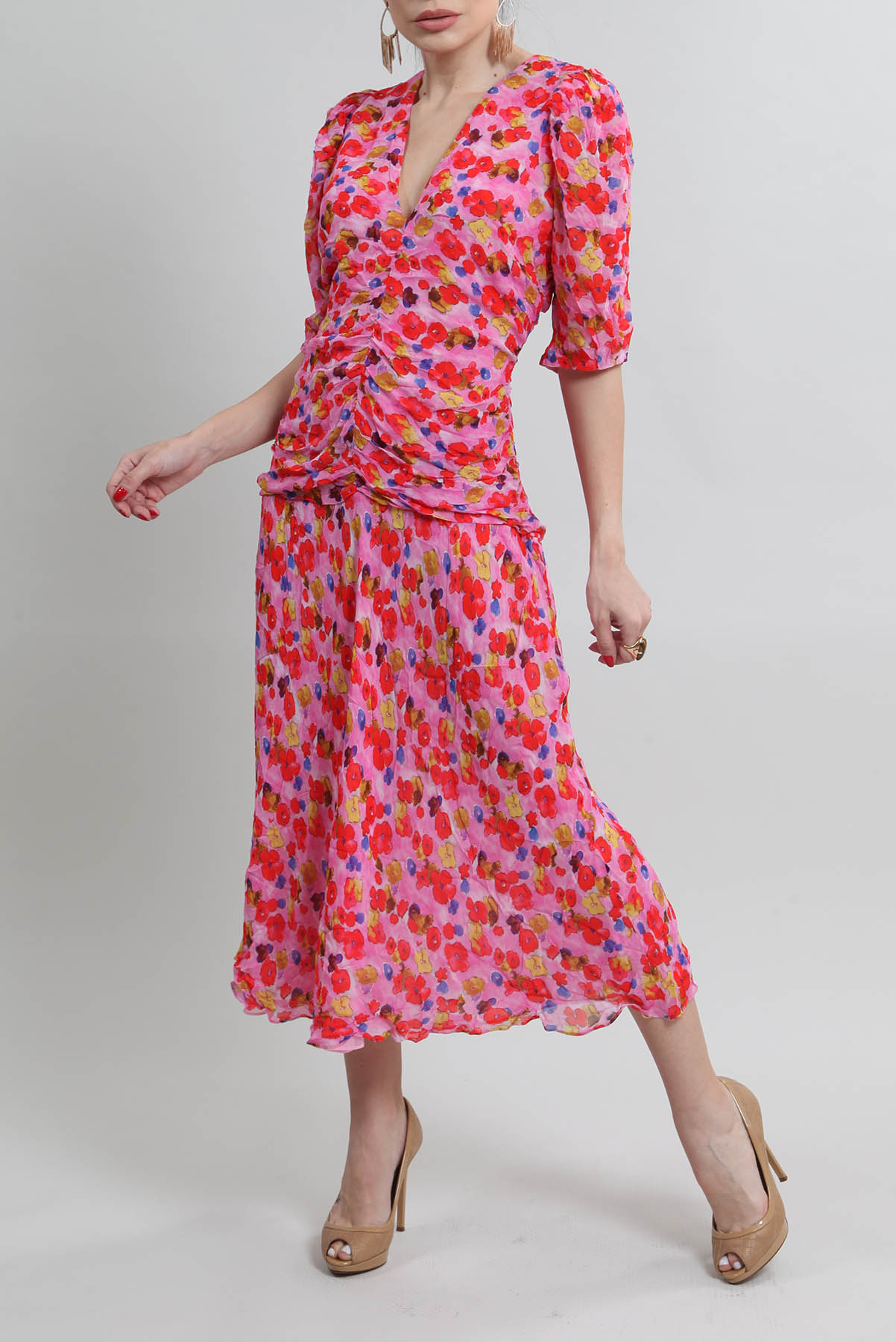 Vestido Cris Barros Floral Drapeado Rosa