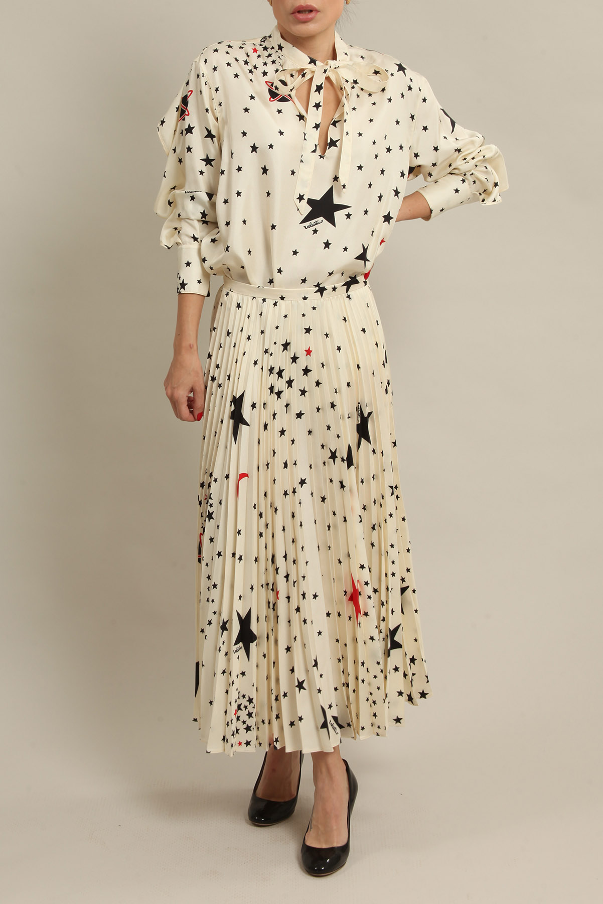 Saia Valentino Plissada Estrelas Off-White