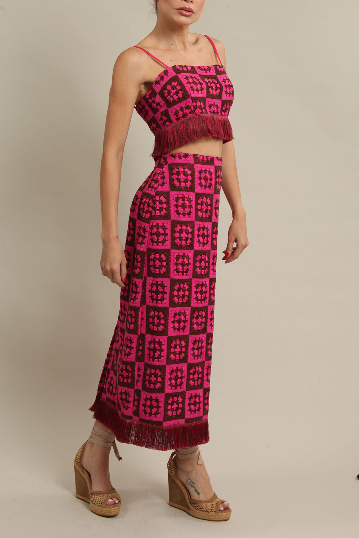 Conjunto PatBo Crochê e Franjas Bicolor Pink