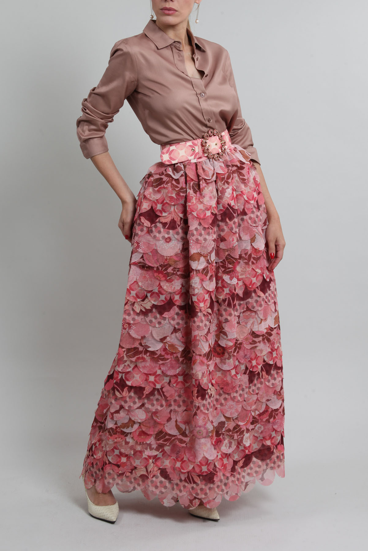 Saia Zimmermann Linho Acetinado e Cinto Pedrarias Rosa