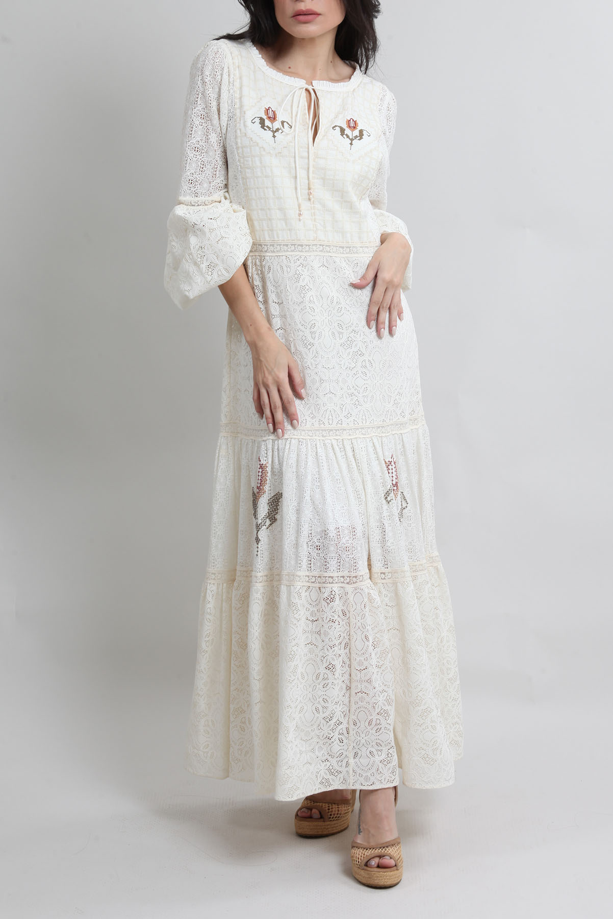 Vestido Cris Barros Renda com Bordados Off-White