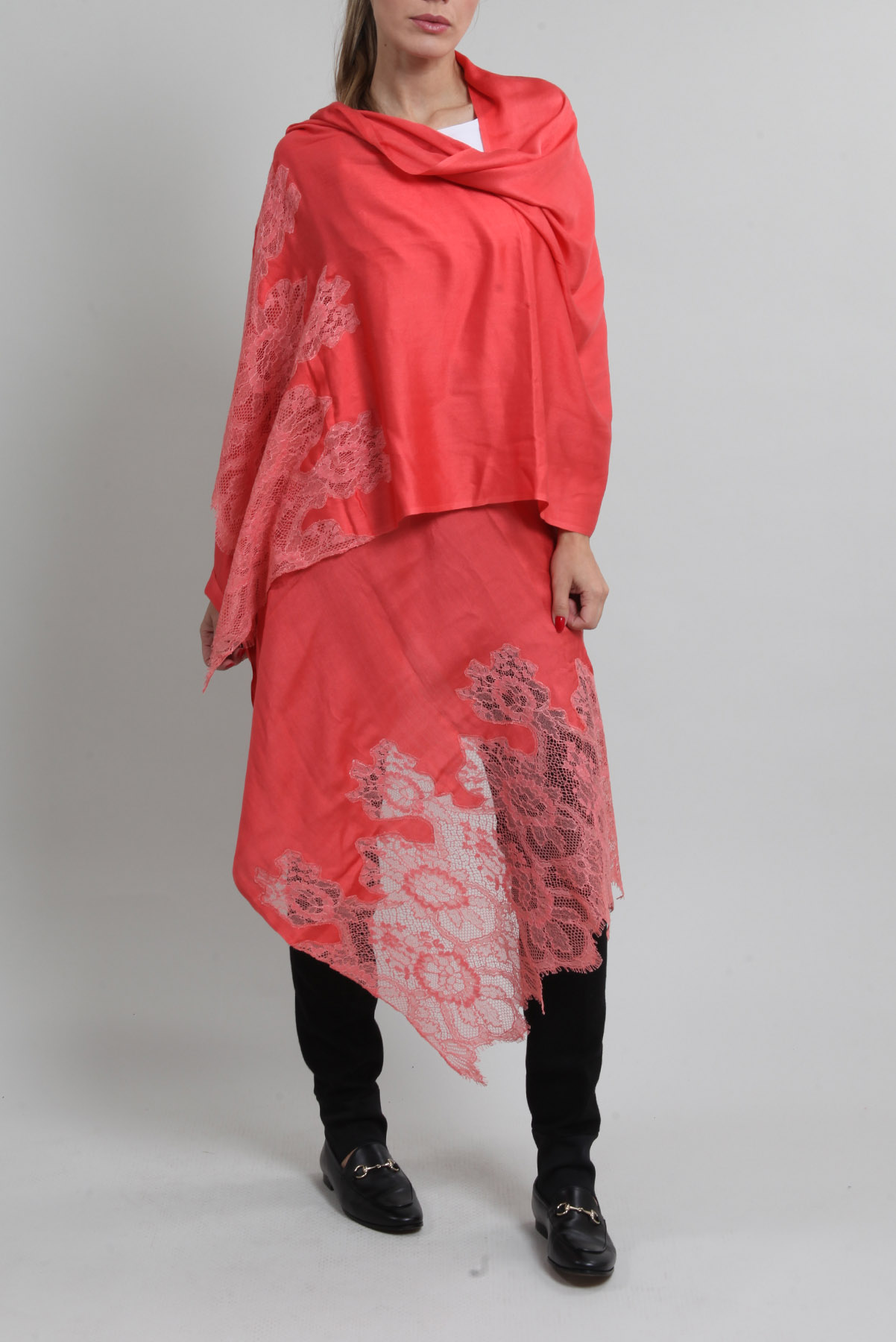 Lenço Valentino Echarpe Seda e Renda Rosa