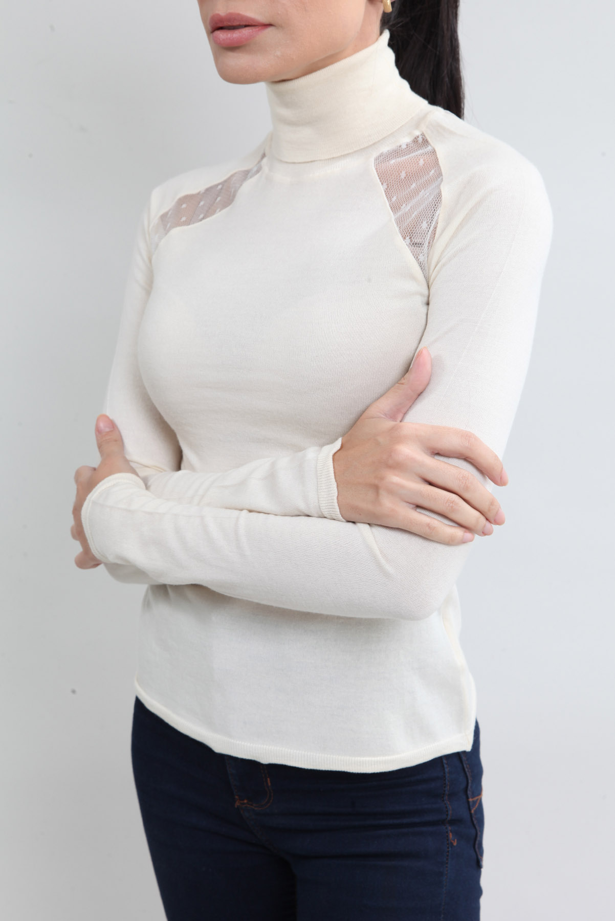 Blusa Emilio Pucci Gola alta Lã e Renda Creme