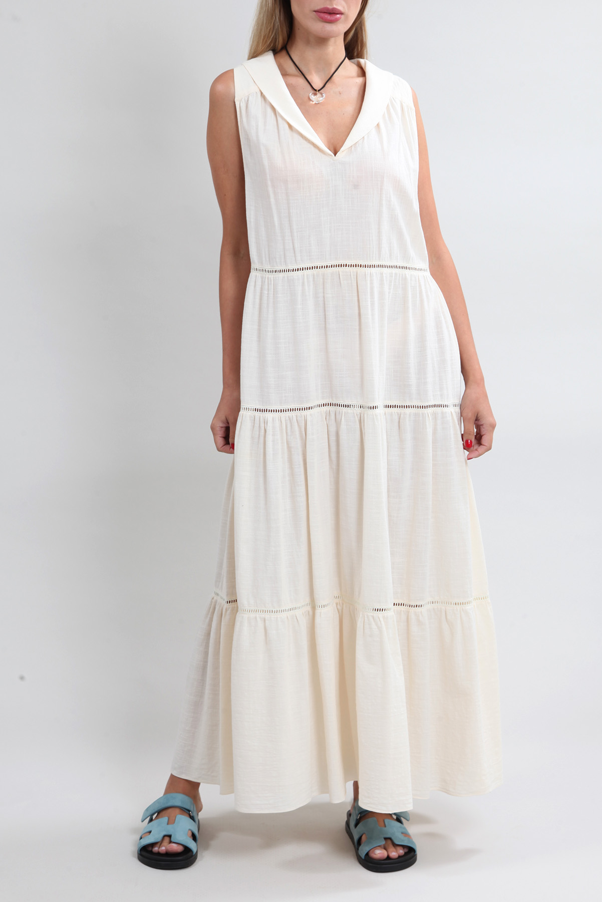 Vestido A. Niemeyer Longo Algodão e Ponto Palito Off-White