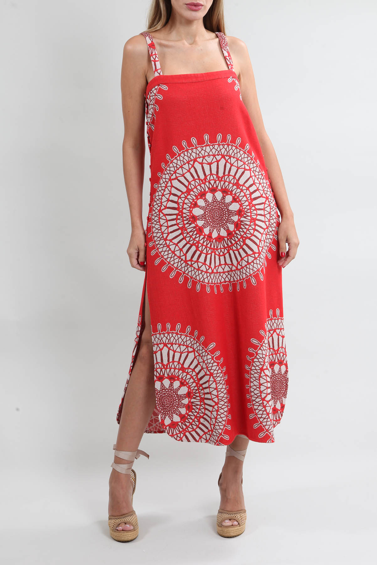 Vestido A. Niemeyer Longo Mandalas Bicolor Vermelho