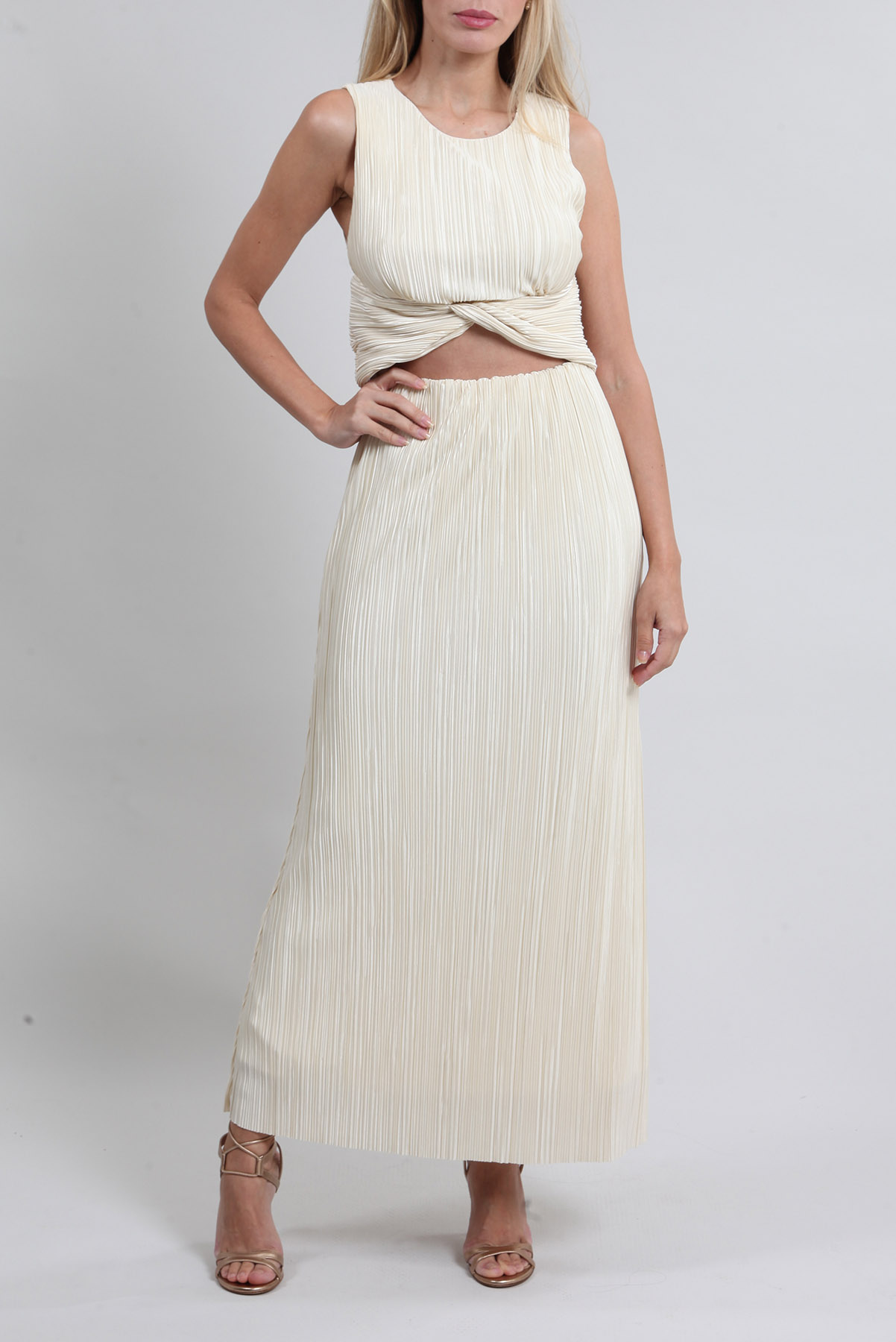 Vestido Cris Barros Longo Plissado Creme
