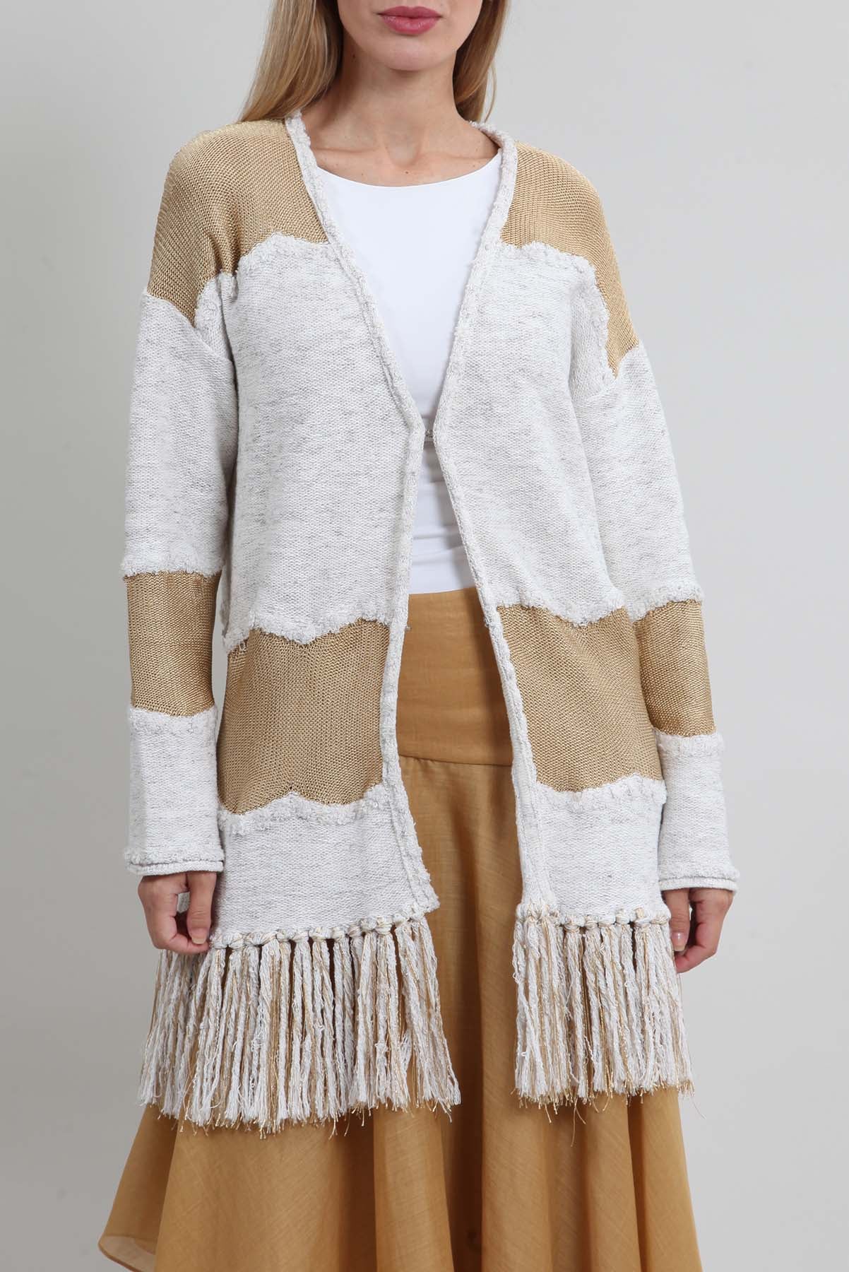 Cardigan Cris Barros Tricôt e Franjas Bege