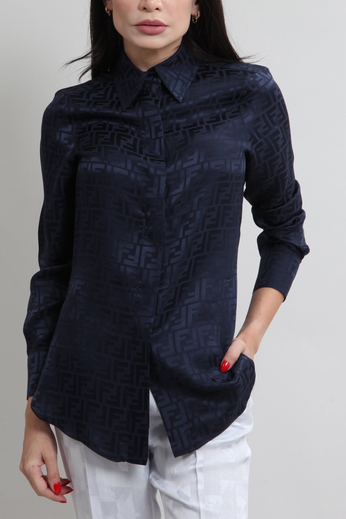 Camisa Fendi Seda Monograma Azul