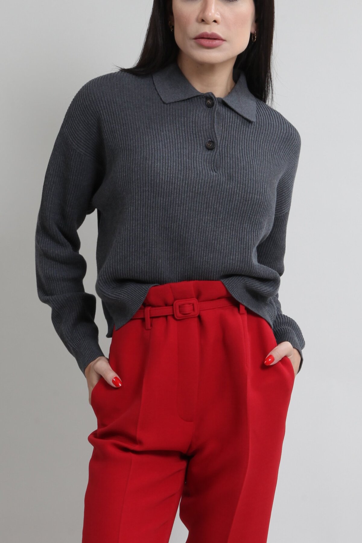Blusa Brunello Cucinelli Tricô Canelada Gola Polo Cinza